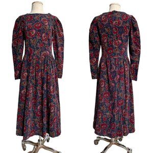 80s Vintage Laura Ashley Dress Corduroy Floral Paisley Puff Long Sleeve Maxi.